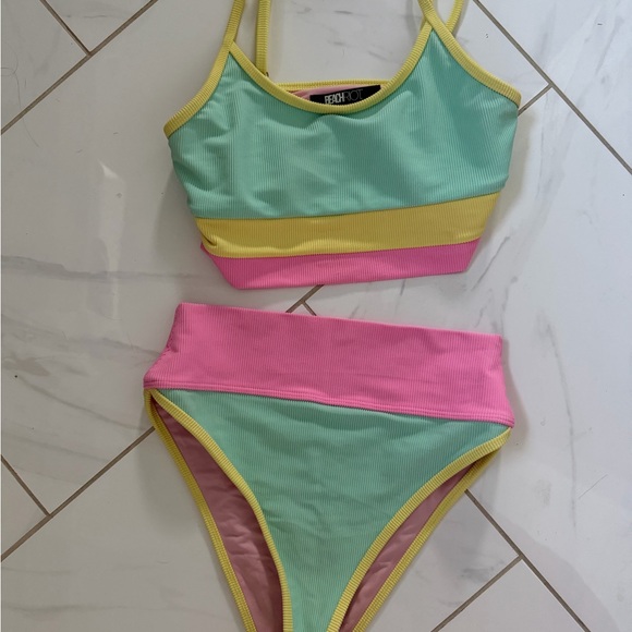 Beach Riot Mint, Pink & Yellow Ribbed Colorblock Bikini - Picture 3 of 7